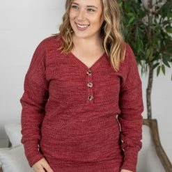 Michelle Mae LONG SLEEVES Brittney Button Sweater - Berry