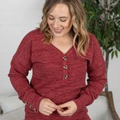 Michelle Mae LONG SLEEVES Brittney Button Sweater - Berry