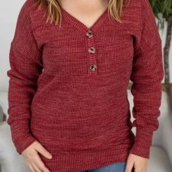 Michelle Mae LONG SLEEVES Brittney Button Sweater - Berry