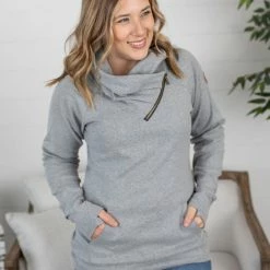 Michelle Mae Classic ZipCowl Sweatshirt - Light Grey LONG SLEEVES