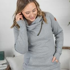 Michelle Mae Classic ZipCowl Sweatshirt - Light Grey LONG SLEEVES