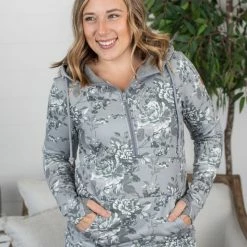 Michelle Mae Grey Floral HalfZip Hoodie LONG SLEEVES