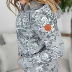 Michelle Mae Grey Floral HalfZip Hoodie LONG SLEEVES