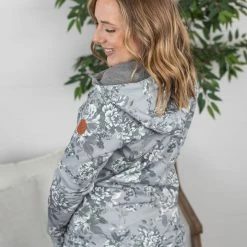 Michelle Mae Grey Floral HalfZip Hoodie LONG SLEEVES