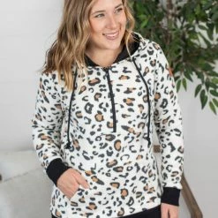 Michelle Mae Ivory Leopard Sherpa HalfZip Hoodie LONG SLEEVES