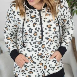 Michelle Mae Ivory Leopard Sherpa HalfZip Hoodie LONG SLEEVES