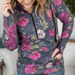 Michelle Mae Pretty In Purple Floral HalfZip Hoodie LONG SLEEVES
