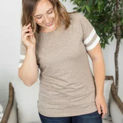 Michelle Mae Kylie Track Tee - Tan And White SHORT SLEEVES