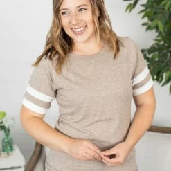 Michelle Mae Kylie Track Tee - Tan And White SHORT SLEEVES