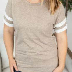 Michelle Mae Kylie Track Tee - Tan And White SHORT SLEEVES