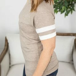 Michelle Mae Kylie Track Tee - Tan And White SHORT SLEEVES