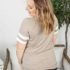 Michelle Mae Kylie Track Tee - Tan And White SHORT SLEEVES