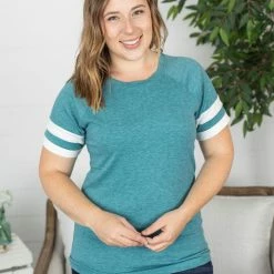 Michelle Mae Kylie Track Tee - Teal And White SHORT SLEEVES