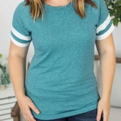 Michelle Mae Kylie Track Tee - Teal And White SHORT SLEEVES