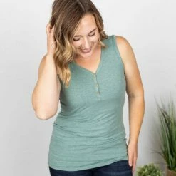 Michelle Mae SHORT SLEEVES Addison Henley Tank - Heathered Sage