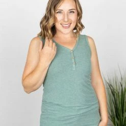 Michelle Mae SHORT SLEEVES Addison Henley Tank - Heathered Sage