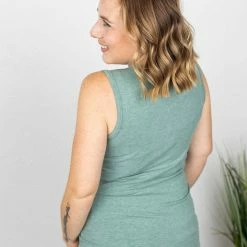 Michelle Mae SHORT SLEEVES Addison Henley Tank - Heathered Sage