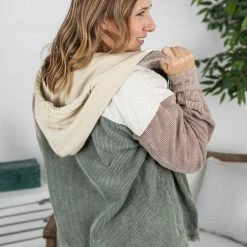 Michelle Mae Hooded Colorblock Corduroy Jacket LONG SLEEVES