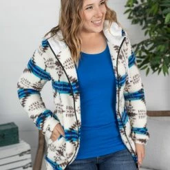 Michelle Mae Sherpa Fullzip Hoodie - Blue Aztec LONG SLEEVES