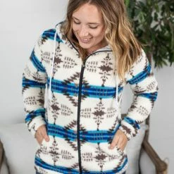 Michelle Mae Sherpa Fullzip Hoodie - Blue Aztec LONG SLEEVES