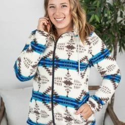 Michelle Mae Sherpa Fullzip Hoodie - Blue Aztec LONG SLEEVES