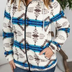 Michelle Mae Sherpa Fullzip Hoodie - Blue Aztec LONG SLEEVES
