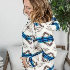Michelle Mae Sherpa Fullzip Hoodie - Blue Aztec LONG SLEEVES