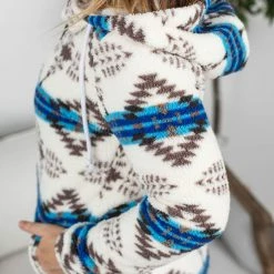 Michelle Mae Sherpa Fullzip Hoodie - Blue Aztec LONG SLEEVES