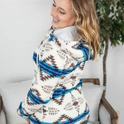 Michelle Mae Sherpa Fullzip Hoodie - Blue Aztec LONG SLEEVES