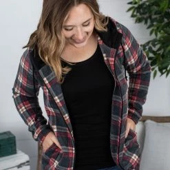 Michelle Mae Sherpa Fullzip Hoodie - Berry Plaid LONG SLEEVES