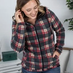 Michelle Mae Sherpa Fullzip Hoodie - Berry Plaid LONG SLEEVES