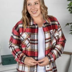 Michelle Mae Molly Plaid Shacket - Red And Tan LONG SLEEVES