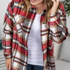 Michelle Mae Molly Plaid Shacket - Red And Tan LONG SLEEVES