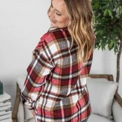 Michelle Mae Molly Plaid Shacket - Red And Tan LONG SLEEVES