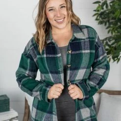 Michelle Mae LONG SLEEVES Lucy Plaid Shacket - Navy And Green Plaid