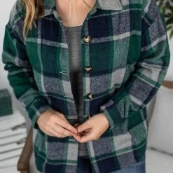Michelle Mae LONG SLEEVES Lucy Plaid Shacket - Navy And Green Plaid