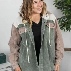 Michelle Mae Hooded Colorblock Corduroy Jacket LONG SLEEVES