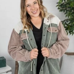 Michelle Mae Hooded Colorblock Corduroy Jacket LONG SLEEVES