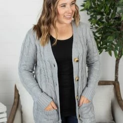Michelle Mae Button Cardigan - Light Grey LONG SLEEVES