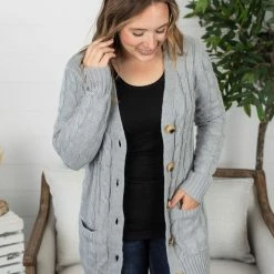 Michelle Mae Button Cardigan - Light Grey LONG SLEEVES