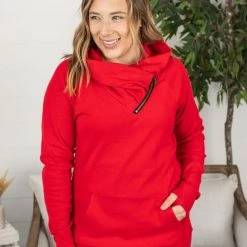 Michelle Mae Classic ZipCowl Sweatshirt - Red LONG SLEEVES