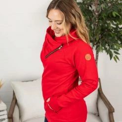 Michelle Mae Classic ZipCowl Sweatshirt - Red LONG SLEEVES