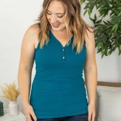 Michelle Mae SHORT SLEEVES Addison Henley Tank - Teal