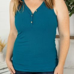Michelle Mae SHORT SLEEVES Addison Henley Tank - Teal
