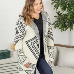 Michelle Mae Hooded Aztec Cardigan - Black And Cream