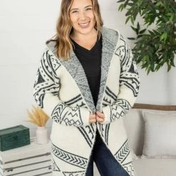 Michelle Mae Hooded Aztec Cardigan - Black And Cream