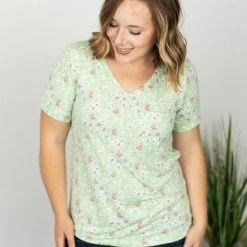 Michelle Mae SHORT SLEEVES Sophie Classic Pocket Tee - Green Ditsy Floral