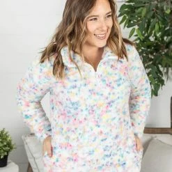 Michelle Mae QuarterZip Sherpa Pullover - Bright Confetti LONG SLEEVES