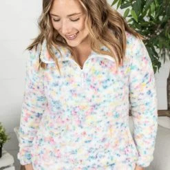 Michelle Mae QuarterZip Sherpa Pullover - Bright Confetti LONG SLEEVES