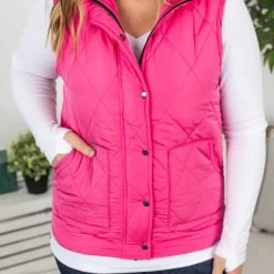 Michelle Mae Remy Zip Up Vest - Bright Pink SHORT SLEEVES